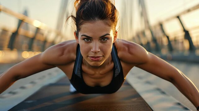 Endurance Unleashed: A determined athlete focuses intently while pushing her physical limits with a push-up exercise, exuding strength and dedication.
