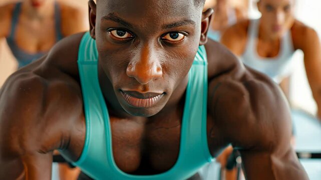 Intense Focus: A determined athlete with chiseled physique and intense gaze, embodying the essence of strength and determination, his muscular body gleaming with sweat as he is in workout.