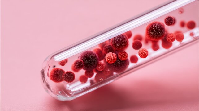 A glass tube filled with red spheres