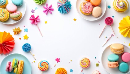 Vibrant and Playful Arrangement of Colorful Desserts and Decorations on White Surface