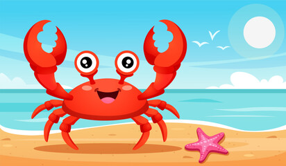 Cartoon digital illustration of a cheerful red crab on a sandy beach with a large starfish, bright blue ocean background, clear sky and flying birds, perfect for kids&rsquo; designs, educational materials
