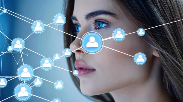 Connected Insight: A woman's profile is interwoven with a network of digital connections, illuminating the interconnectedness of human interactions in the digital age. - Powered by Adobe