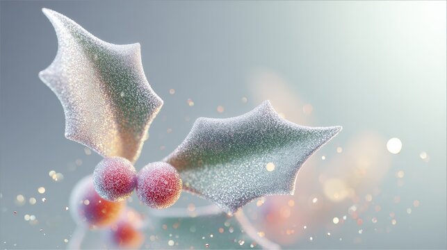 A close up of a snow covered holly leaf with a red berry on it