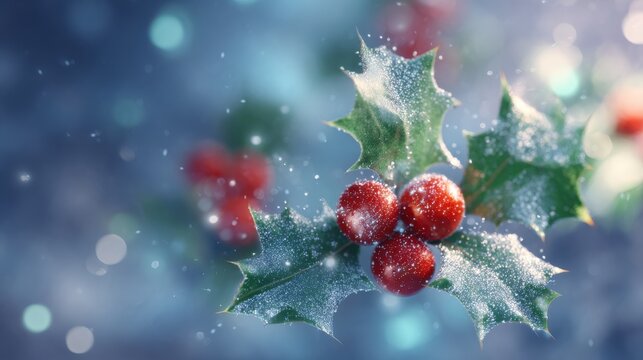 A close up of a red holly leaf with snow on it