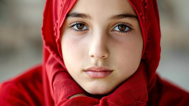 Radiant Portrait: A young girl, enveloped in a vibrant red hijab, gazes directly at the viewer with eyes that reveal both innocence and depth.