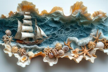 Obraz premium A sailboat skillfully navigates challenging seas, enveloped by vibrant coral and diverse seashell formations. This dynamic maritime scene evokes both power and tranquility.