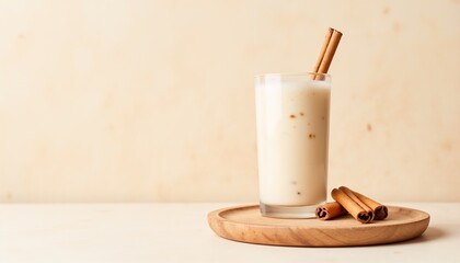 Classic winter eggnog drink in tall glass on wooden board with cinnamon and spacious beige background for beverage advertising