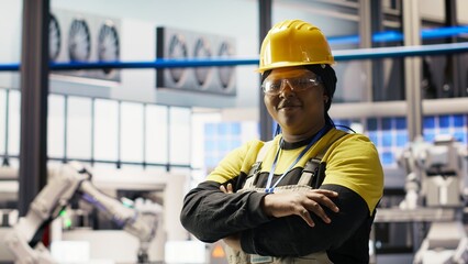 Portrait of jolly smart factory engineer calibrating high tech machinery and analyzing sensor data....