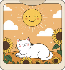 Cute White Cat Relaxing in a Bright Sunflower Meadow
