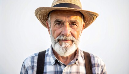 Portrait of a senior man wearing a straw hat, close-up with a neutral background