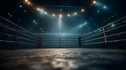 L'ar&egrave;ne de boxe montre une ambiance intense lors d'un &eacute;v&eacute;nement sportif en soir&eacute;e.