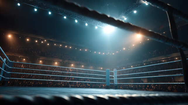 Le ring de boxe avec un public tr&egrave;s enthousiaste sous des lumi&egrave;res brillantes.