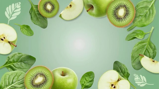 Green Fruits Freshness: A vibrant arrangement of fresh green apples, kiwis, and spinach, showcasing the essence of natural goodness and health.