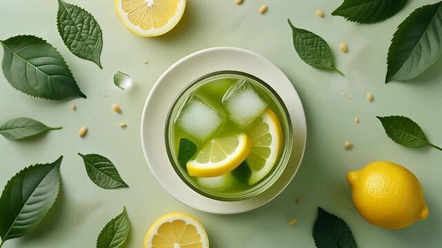 Zesty Lemon and Refreshing Drink: An enticing close-up of a invigorating drink, brimming with ice cubes and lemon slices, beautifully arranged amidst fresh leaves and citrus fruits.
