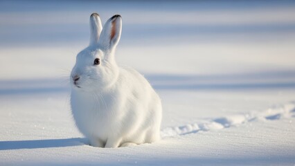 Snowy rabbit adapting to winter forest clearing wildlife photography serene environment close-up view nature's beauty