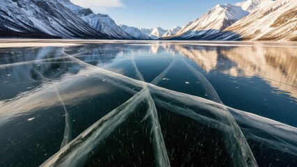 Ice cracking on frozen lake rocky mountains nature photography winter landscape aerial view natural beauty