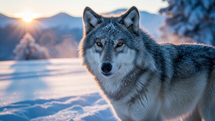 Obraz premium Majestic wolf encounter at sunrise in snowy landscape nature photography winter wilderness
