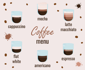 Coffee menu design, types of coffee in a glass cup, latte macchiato, flat white, cappuccino, espresso, americano, coffee beans