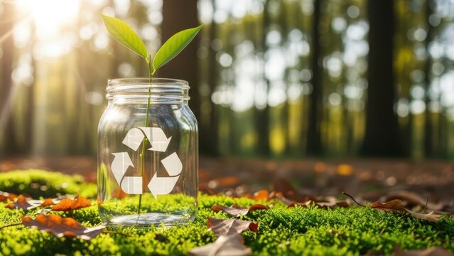Sustainable growth action recycling initiative in forest environment nature photography at sunset