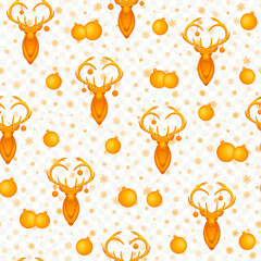 Seamless golden Christmas pattern with deer, Christmas balls, and snowflakes on a transparent background. Vector illustration.