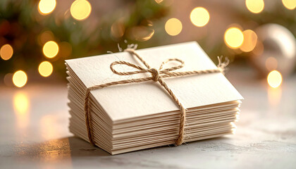 Small stack of personalized holiday greeting cards with twine