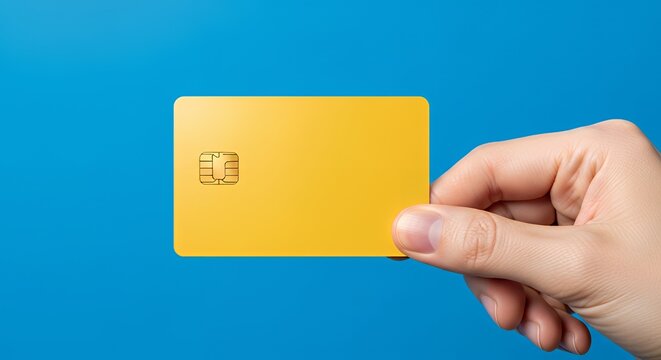 Hand Holding Gold Credit Card Against Blue Background