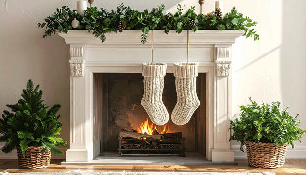 Knitted wool socks hanging by minimalist mantlepiece