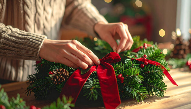 Close up of hands tying velvet ribbon on Christmas wreath - Powered by Adobe