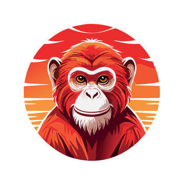 red monkey vector logo, with round sun in back ground. Colours red and white
