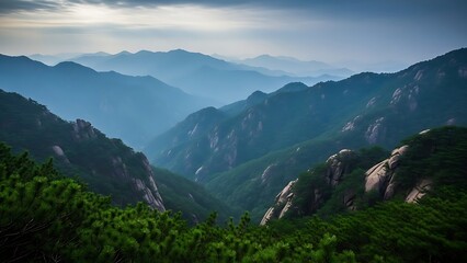 Fototapeta premium Scenic Mountain Range Landscape with Lush Pine Forests and Dramatic Skies