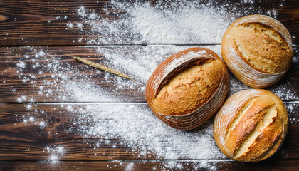 Artisan sourdough bread loaves sprinkled with flour and wheat on rustic dark wood, perfect for baking blog or bakery promotion with fresh homemade vibes