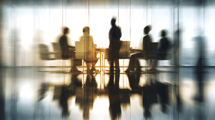 R&eacute;union d'affaires dans un bureau moderne avec des silhouettes de personnes au travail.