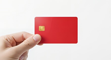 Hand Holding Red Credit Card with Gold Chip on White Background