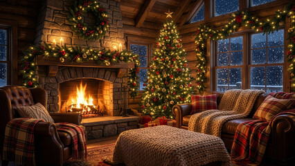 Fototapeta premium Cozy Rustic Log Cabin Living Room with Stone Fireplace, Decorated Christmas Tree, and Snowy Night View