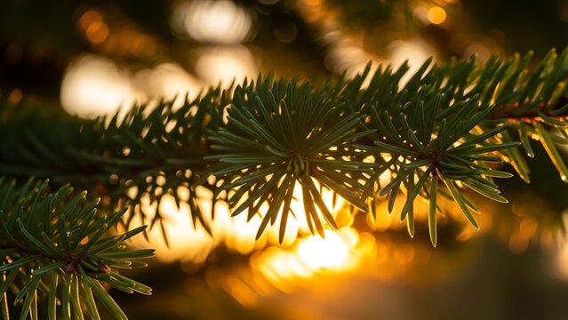 Close-up of vibrant green pine needles on a branch, beautifully backlit by the soft, warm golden glow of a blurred sunset, evoking a serene and natural autumn or winter atmosphere