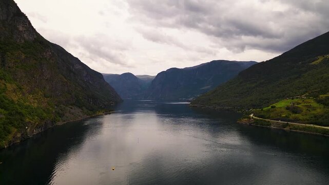 Aerial view of the fjord between mountains, Norway.