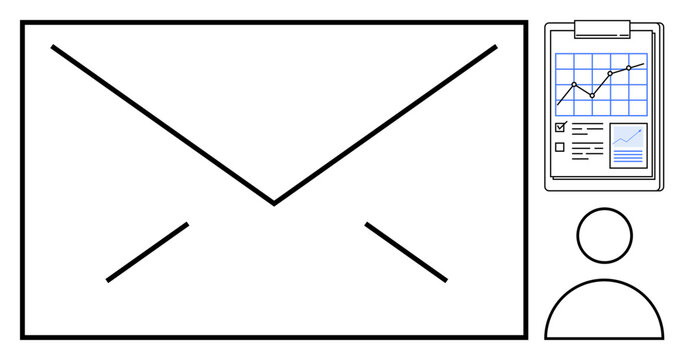 Envelope, analytics graph on clipboard, and user icon emphasize messaging, tracking, and customer engagement. Ideal for digital marketing, data analysis, communication, management teamwork business