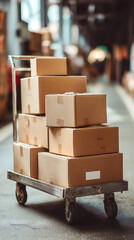 Chariots remplis de cartons dans un entrep&ocirc;t pendant la journ&eacute;e.