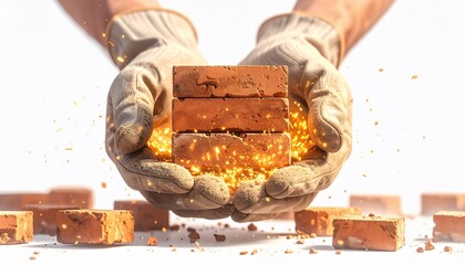 Hands holding glowing bricks showcasing construction, concept of creation and building, work