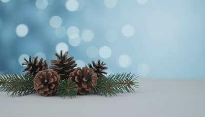 Holiday pinecones and evergreen branches create a warm seasonal arrangement that celebrates the winter spirit