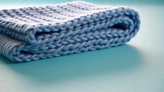 Close up macro of a soft and cozy light blue chunky knit scarf neatly folded