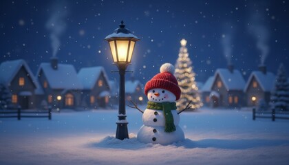 A festive snowman with a red hat stands near holiday decorations during a peaceful winter evening