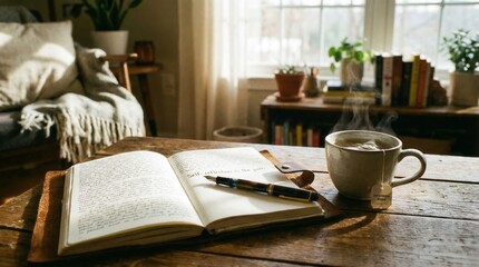 open journal and steaming cup of tea on rustic wooden table in cozy living room