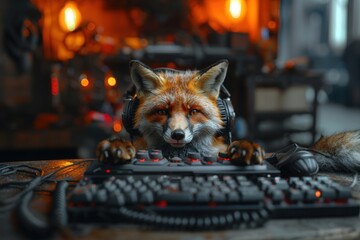 Obraz premium A playful fox is engrossed in typing on a computer keyboard while wearing headphones. This image evokes a sense of modern fun and connection.