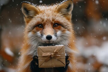 Obraz premium A charming fox stands amidst a snowy landscape, carefully holding a decorated gift box. The scene evokes feelings of joy, generosity, and the magic of the winter season.