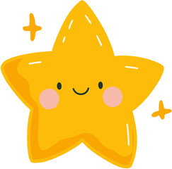 Cute Yellow Star Illustration with Sparkling Details and Happy Face Perfect for Cartoon, Children&rsquo;s Books, and Digital Design Use