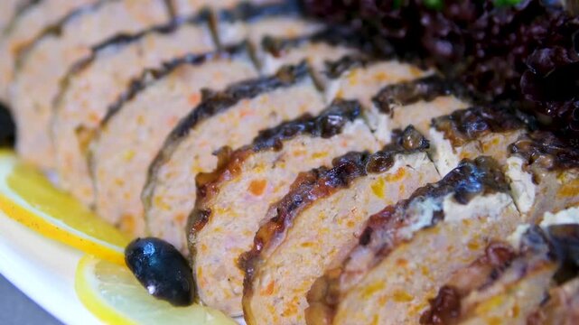 Stuffed fish with spices baked in a baking bag. Cooked seafood dishes. High quality 4k footage