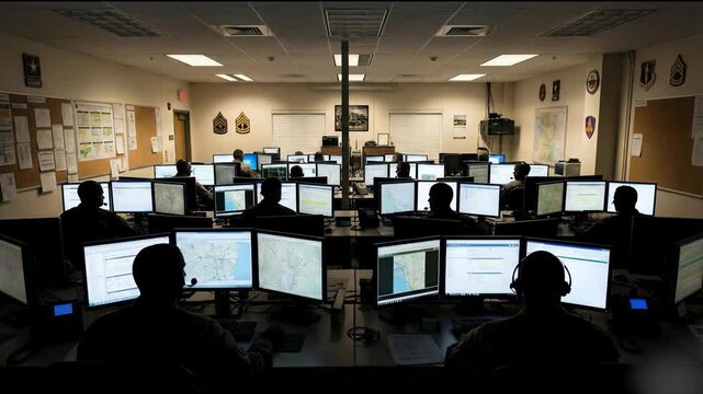 Military personnel working at multiple computer monitors in command center operations room