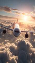 Un avion survole des nuages avec le soleil levant en arri&egrave;re-plan.