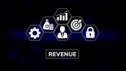 Business growth strategy icons representing financial success target achievement secure investment and operational efficiency with revenue text overlay on dark blue gradient background abstract - Powered by Adobe